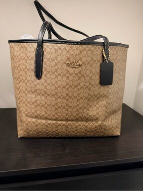 Coach Canvas Tote in Khaki with Black Trim
